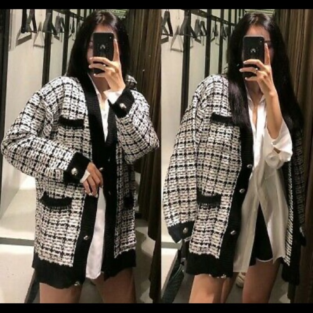 ZARA Black and White Oversized Cardigan Sweater